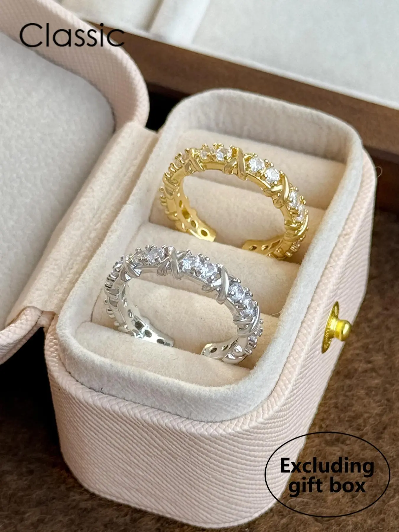A set of two simple, high-end, light luxury, unique and distinctive women's rings inlaid with artificial zircon and crossed copper materials, Geometric Design Ring