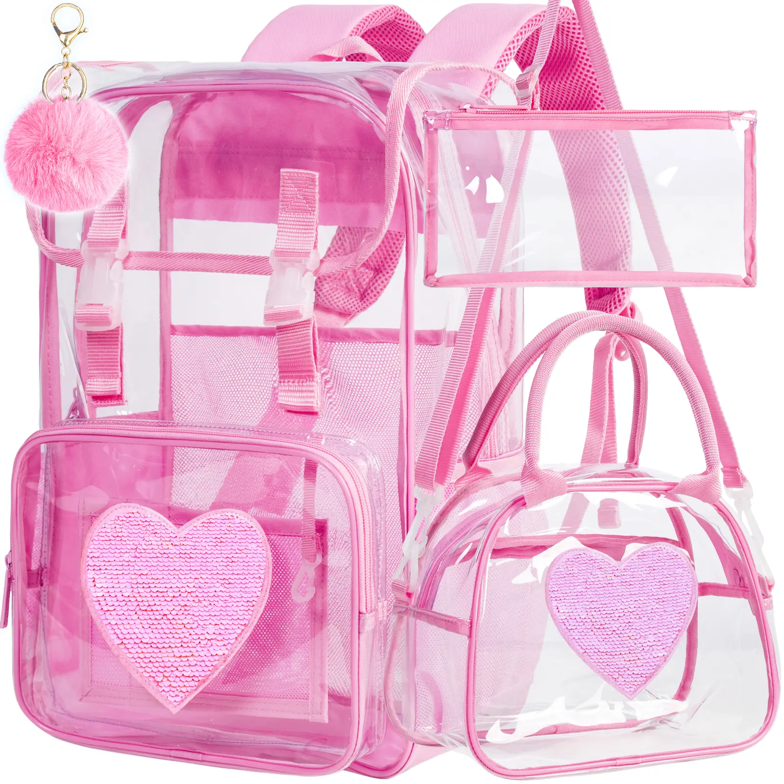 3PCS Pink Clear Backpack, Heavy Duty Transparent Bookbag for Girls Women, Stadium Approved See Through Backpack Set (Pink Sequins)