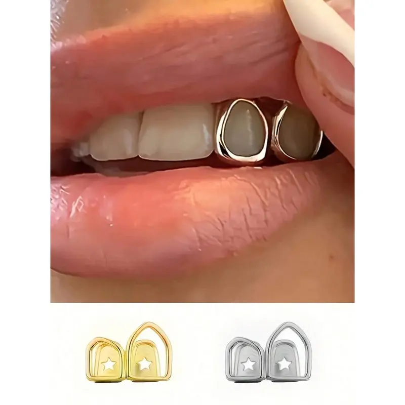 Hollow Double-Deck Top-Open Diamond Tooth Cap Grillz Gold Copper Silver Unisex Hip Hop Street Style Bling Party Casual Decoration Festival Gift Oral Accessory