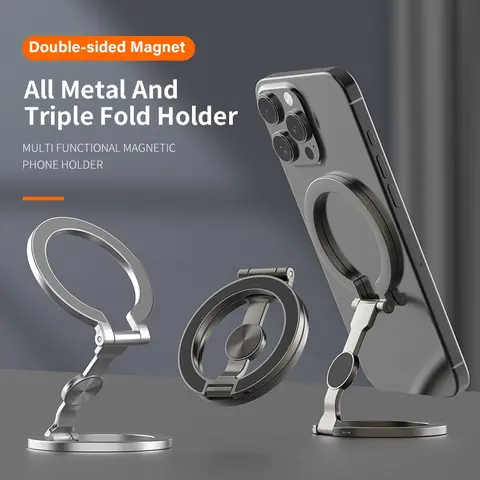Phone Stand CD Texture Dual-Sided Strong Magnet Ring Holder Compatible Magsafe Multi-Functional Foldable Portable Zinc Alloy Magnetic iPhone Magnetic Smartphone Grip Smartphone Accessories