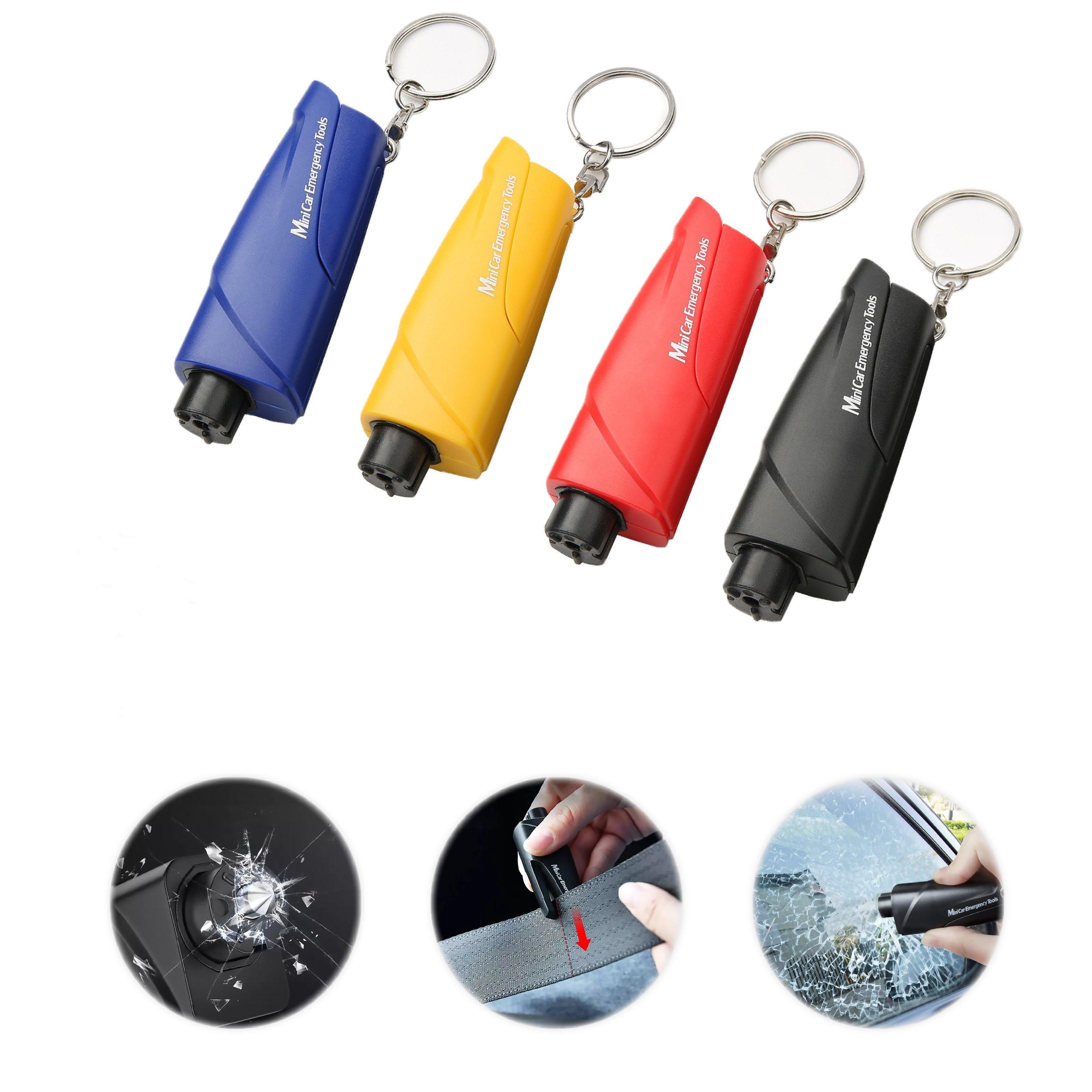 4 Packs Window Breaker Seatbelt Cutter, Car Emergency Safety Keychain, Seat Belt Escape Tool and Glass Hammer, Spring-Loaded for Land and Underwater