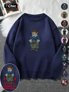 Cartoon Bear Detail Crew Neck Sweater, Casual Loose Long Sleeve Jumper for Fall & Winter, Fashion Ladies' Knitwear for Daily Wear