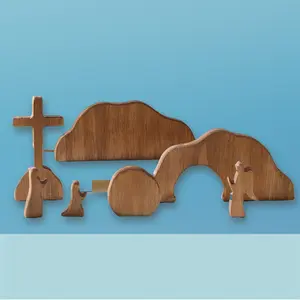 7PCS Wooden Easter Resurrection Scene Decor Empty Tomb and Cross Jesus Figurine for Home Mantel Table Shelf Windowsill Decor