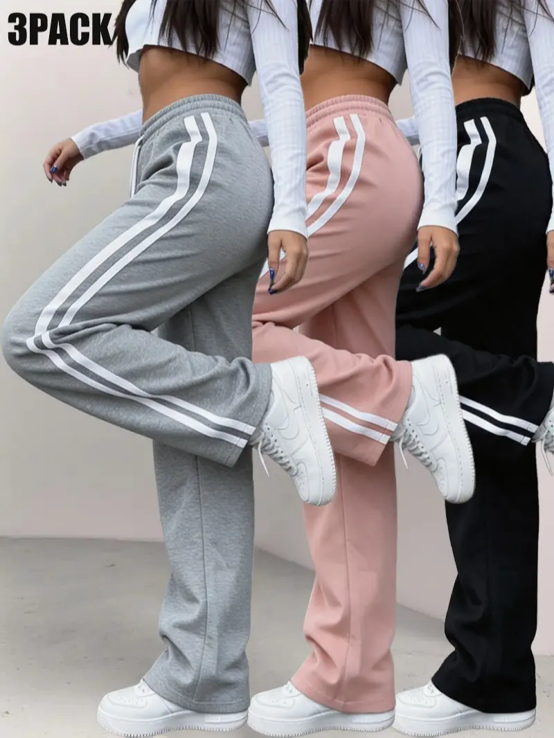 3-pack hot girl style women’s athletic sweatpants with side double white stripes, wide legs, high waist with elastic drawstring, drapey straight cut floor-length pants—flattering street casual wear for spring/autumn daily commuting, versatile solid color