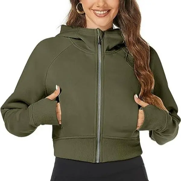Cropped Hoodie for Women Fleece Lined Full Zipper Sweatshirts Hooded Fall Outfits Clothes Tops