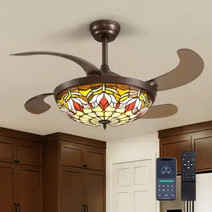 42/48" Retractable Ceiling Fan Tiffany Style Chandelier Light Fixtures Ceiling with Remote & Dimmable, 6-Speed, Reversible Vintage Fandelier for Bedroom Living Room Dining Room Kitchen outdoorfun Glass Pendant Light