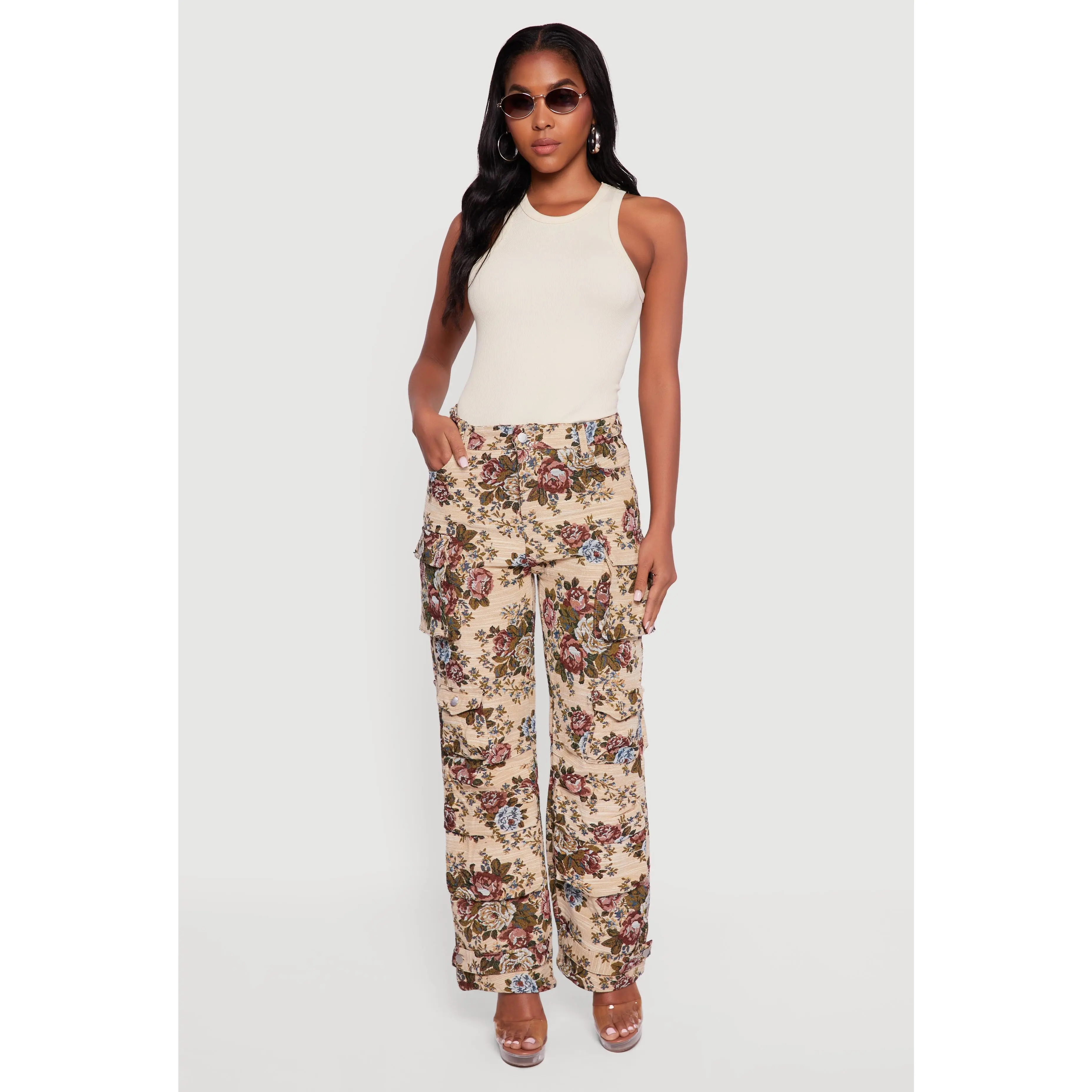 Floral Jacquard Straight Leg Cargo Pants