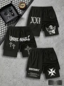 Men's 3-Pack Gothic Christian 2-in-1 Shorts - Angel Cross Print Black Layered Performance Shorts, Drawstring Waist Loose Fit, Breathable Summer Faith Streetwear