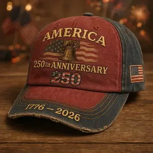 Vintage America 250th Anniversary Baseball Cap, Washed Distressed Patriotic Embroidered Hat, Adjustable One Size Unisex Dad Cap, 1776-2026 Usa Flag Liberty Bell Cap