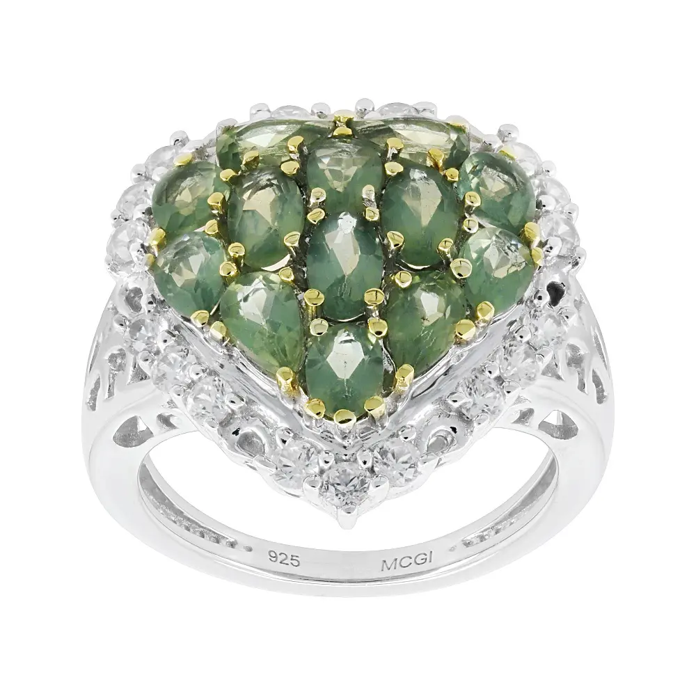 JTV Rhodium-Plated Sterling Silver Heart Cluster Ring, Featuring 2.83ctw Green Apatite and White Zircon
