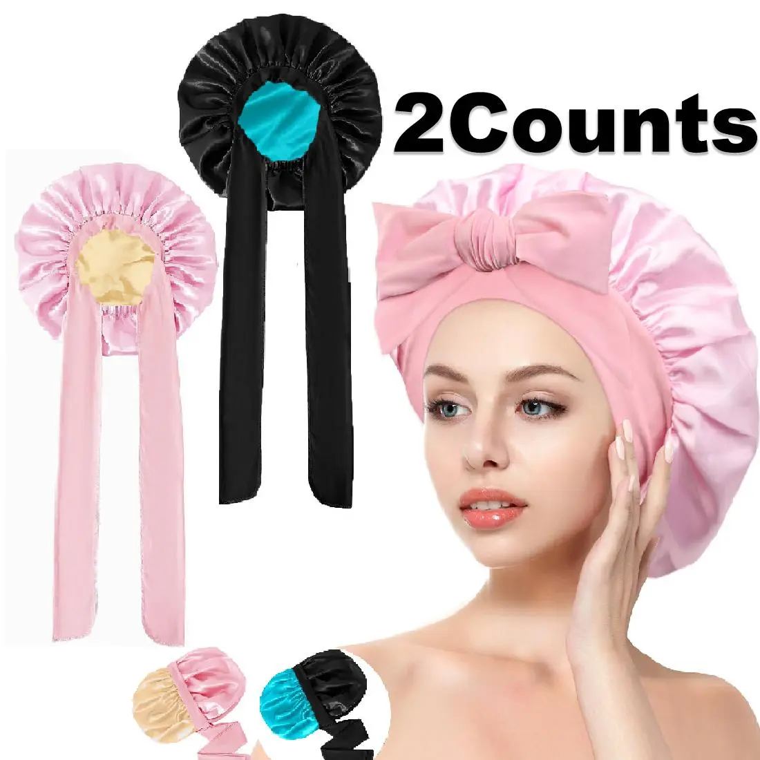 Double Layer Adjustable Satin Reversible Hair Bonnet for Sleeping, Heatless Large Hair Care Wrap Silk Bonnet for Women Natural Curly Hair, Silky Satin Hair Bonnet with Tie Band Hair Wrap Shower Cap