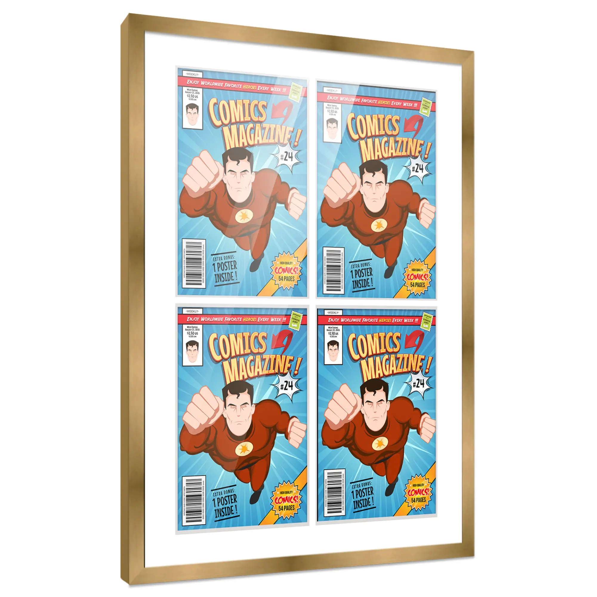 Comic Book Frame with Mat for 4 Golden Age Comics Published Between 1938 and 1956 - Bronze Wood Comic Frame With White Mat for 7.75x10.5 Comics - 20x25.5 Frame Size