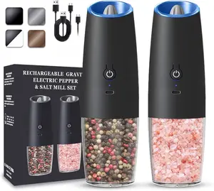 Rechargeable Dual-Speed Salt and Pepper Grinder Set of 2, Adjustable Roughness, LED Light, Stainless Kitchen Utensils, Black