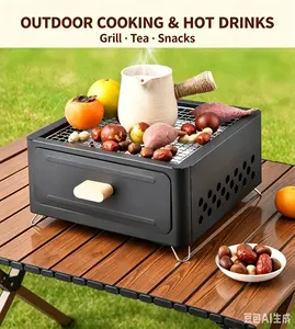 Portable Tabletop Charcoal Grill - Foldable Compact Design, Wood Handles, Lightweight for Camping, Picnics, Easy Cleanup for Small Groups