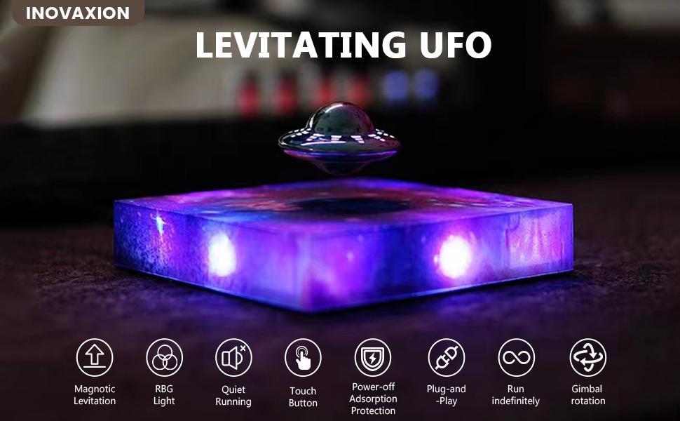 [Wireless Power Transmission] Levitating Floating UFO Lamp Lights, Magnetic Levitation Decor Display UFO, Unique Toy Gift for Desk,Room,Office, Rotating Illuminated UFO, RGB Galaxy Base, Touch Control