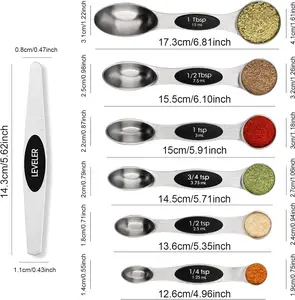 Magnetic Stainless Steel Measuring Spoons Set with Leveler – Stackable Dual-Sided Teaspoon & Tablespoon Set