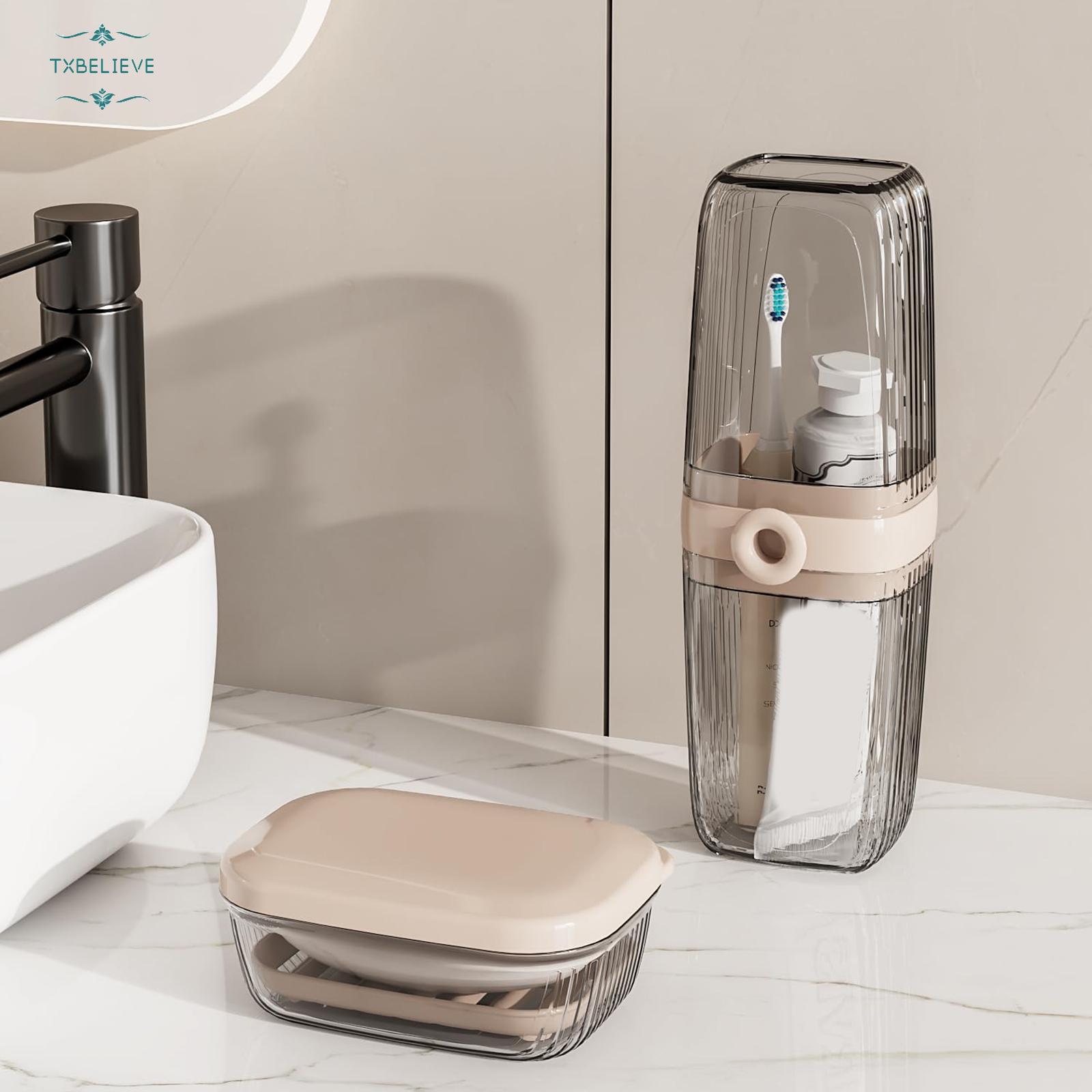 Toothbrush Travel Case, 2 in 1 Toothbrush Holder and Rinse Cup, Large Capacity Toothbrush Cup with Cover, Portable Travel Toothbrush Holder for Traveling, Camping, Trip - 1Pcs - Beige&Clear