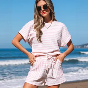 Women's 2 Piece Knit Set - Short Sleeve Crewneck Top, Drawstring Shorts, Loose Casual Summer Loungewear Outfits, Shortsleeve