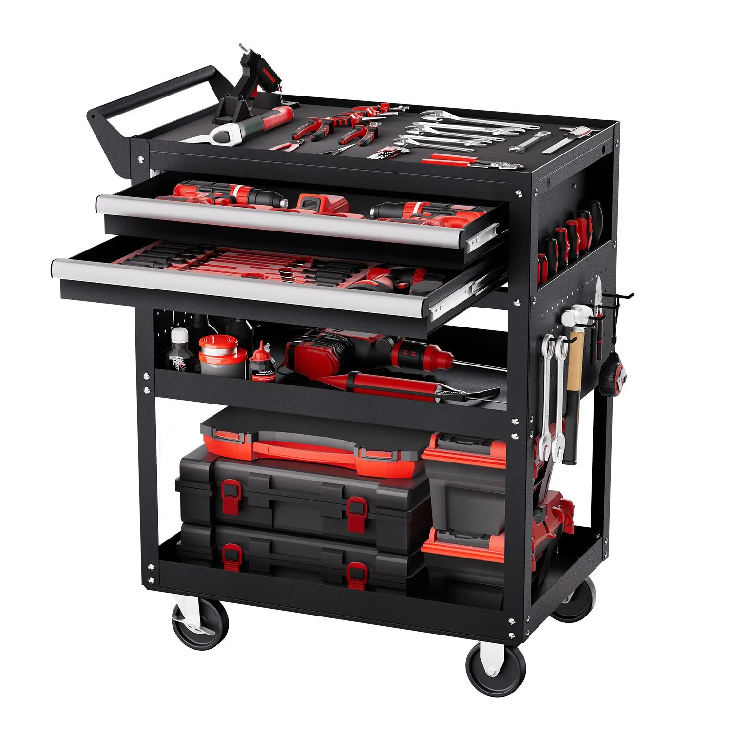 VEVOR Heavy Duty Metal 5-Tier Lockable Tool Storage Utility Cart, Smooth Transport Wheels, 400 lbs Load Capacity, 2 Drawers & Pegboard Racks, Freestanding Organizer for Garage, Warehouse, Ideal Gift