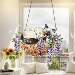 Hologram Sleeping Cat Sun Catcher, Wisteria Flower Prismatic Window Hanging, Siamese Cat Lover Gift, Rainbow Maker Acrylic Decor