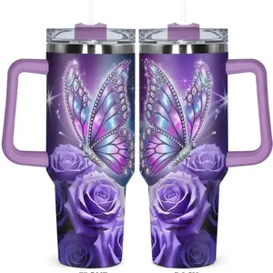 Butterfly & Rose Pattern Tumbler, 40oz Stainless Steel Insulated Tumbler with Lid, Gift for Birthdays, Holidays, or Special Moments for Family, Friends, Coworkers, Drinkware, Vacuum Insulated Flask