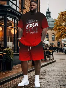 Men's Plus Size Gradient Pattern Printed Summer Outdoor T-Shirt Shorts Set, Polyester Fiber, Casual Loose Fit