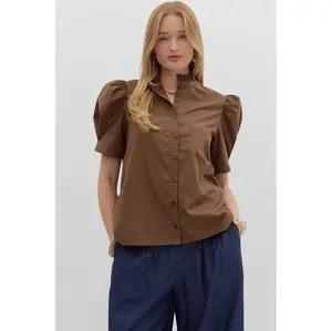 ENTRO -  Puff Shoulder, Short Sleeve, Ruffle Color Top 7519 - Brown