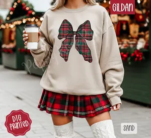 Plaid Bow Sweatshirt, Trendy Women's Holiday Crewneck