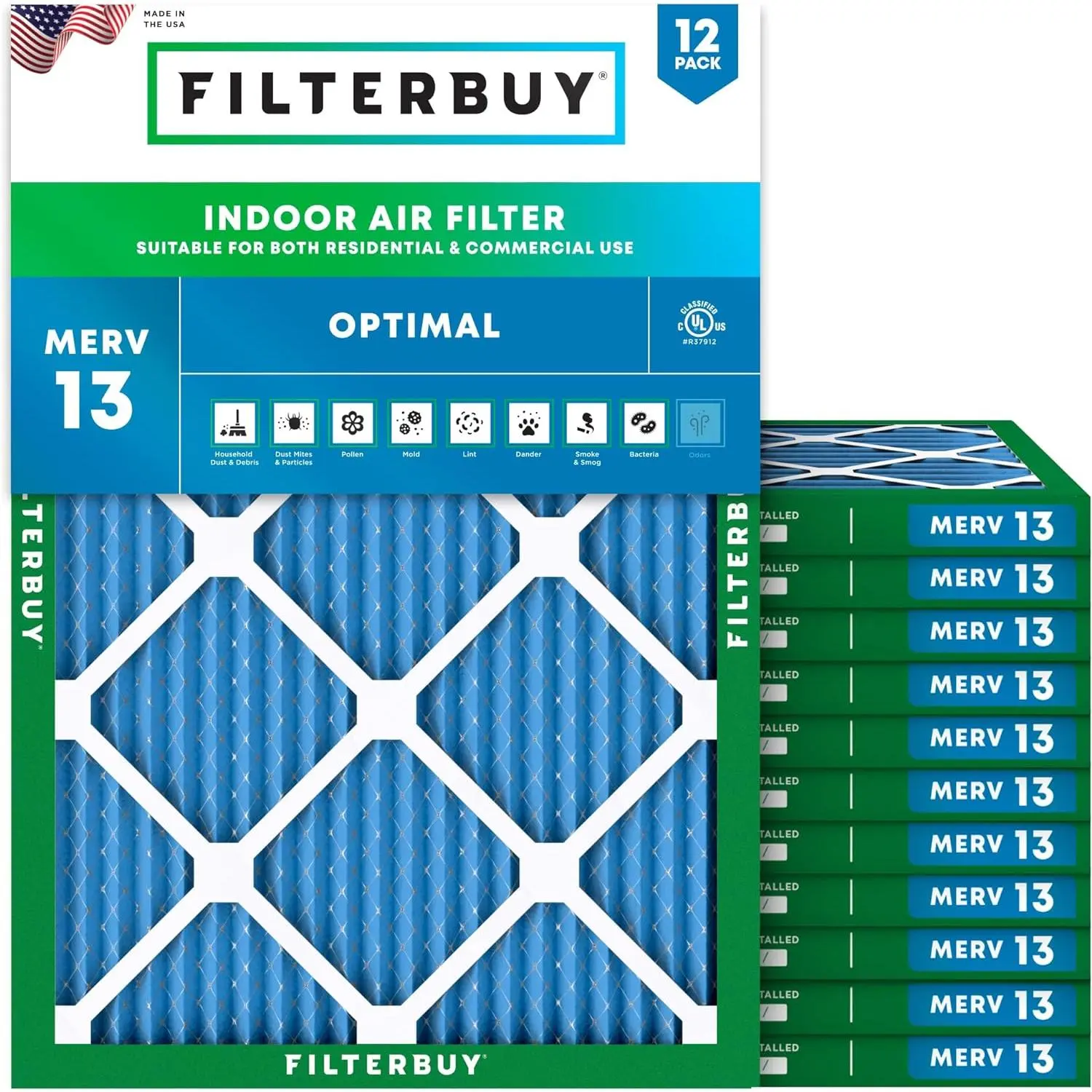 New Eco-Friendly Electrostatically Charged Filterbuy Synthetic HVAC AC Furnace Air Filter Replacement, 6.88x15.88x1 In (12-Pack), Pleated MERV 13 Optimal Defense, Actual Size 6.88x15.88x0.75 In, Endures Temperatures Up to 200°F
