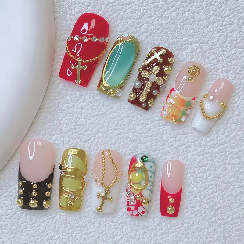 Jewelry Nails, Y2K Nails, Decorative Nails, Nail Design, Handmade 3D Gold Pattern And Blue Cat's Eye Nails, Handmade Press On Nails, DlY Nail Art, Square Nails, Perfect for Parties & Casual Attire, Nail Supplies, Acrylic Nails