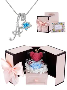 Women's Cz Birthstone Necklace with Bear Jewelry Box, A-Z Letter Pendant Necklaces, Exquisite Jewelry Gift, Birthday Christmas Engagement Gift for Wife Girlfriend Mom Daughter