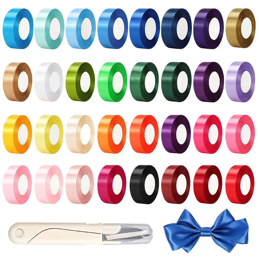 32 pcs Width 2.5cm Polyester Satin Ribbon Roll Set, For Gift Wrapping Hair Bow Making Flower Bouquet Wedding Party DIY Craft Decorations, Smooth Shiny Fabric Ribbon For Handmade Bows and Gift Packaging