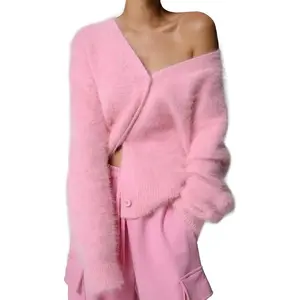 Womens Fuzzy Mohair Cardigan Sweaters V Neck Button Down Long Sleeve Fluffy Knit Open Front Slouchy Furry Sweater