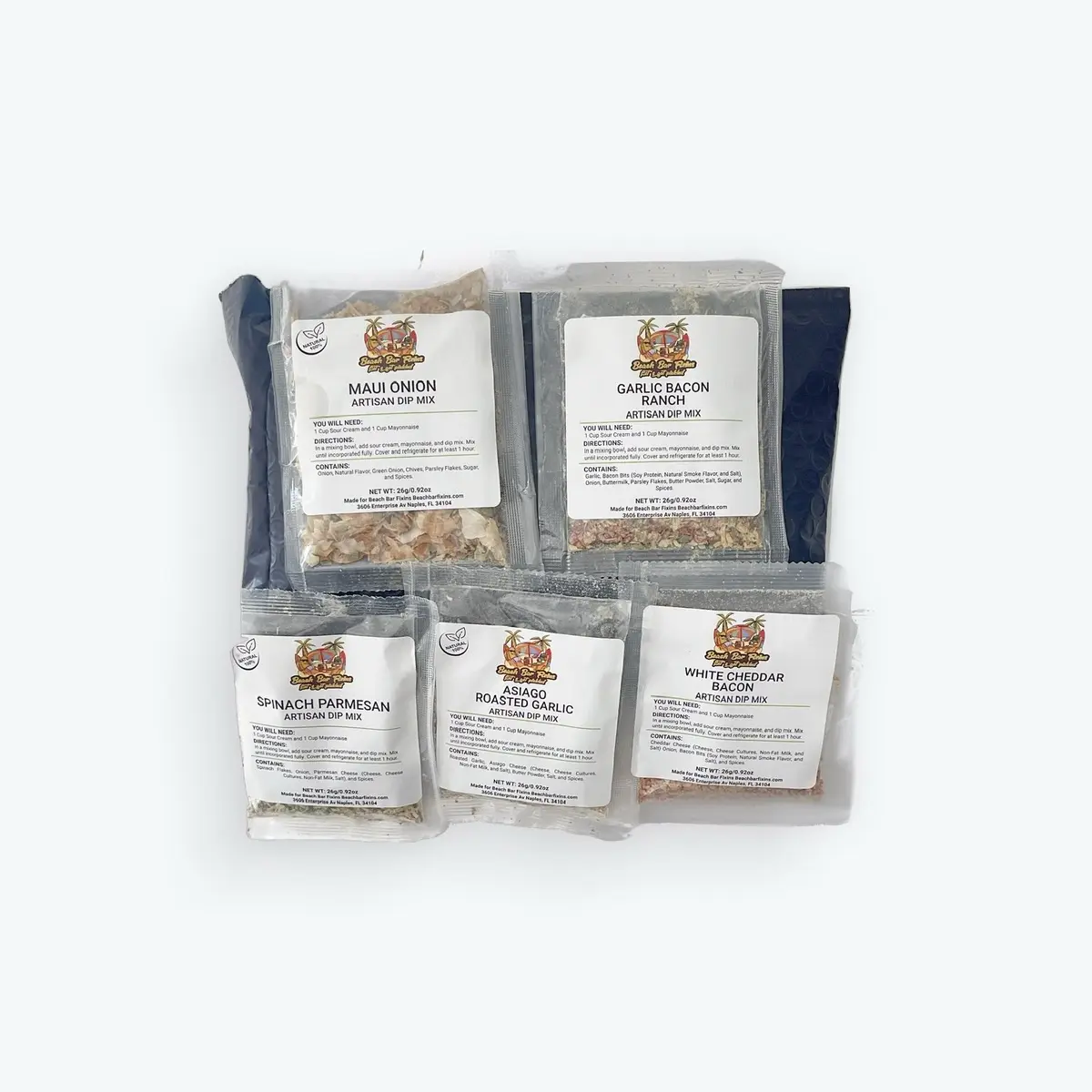Artisan Dip Mix - Sugar Free Bundle Includes: Asiago Roasted Garlic, Spinach Parmesan, Roasted Garlic, White Cheddar Bacon, Jalapeno Popper