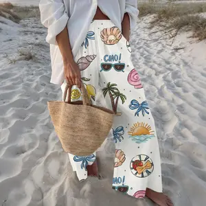 Resort Style "CIAO!" Beach Crab Print 106CM Length Lounge Pants Wide Leg Design Colorful Seashell Bow Drawstring Trousers