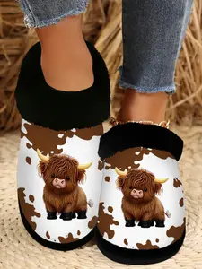 Women's Plush Highland Cow Slippers, Cozy Fleece-Lined Slip-On House Shoes, Cute Cartoon Design, Winter Casual Footwear