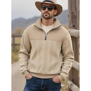 Fashion men's wear： Men'S Casual Half-Zip Sweatshirt with 3D Cable Texture - Loose Fit, Solid Color, Long Sleeve, Sporty Design for Urban Strolls, Comfortable & Stylish, Urban Stroll Apparel | Sporty Casual Style | Construction, Sweater Hoo