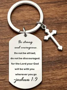 Inspirational Christian Keychain, "the Lord Your God Will Be with You" Joshua 1:9, Engraved Key Ring with Cross Charm, Casual Style