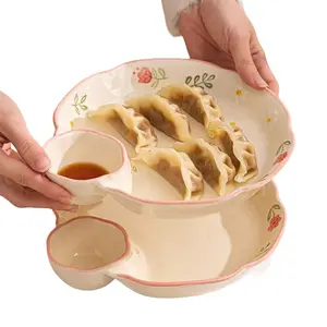 4 pieces of 9.5-inch plates with dipping sauce, ceramic separated dumpling dinner plate, sushi and potato chip dipping sauce plate, Japanese cute style, microwave usable and dishwasher washable, Rose Decoration Plate