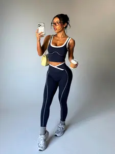 New Women's Sports Set Gym Yoga Two-Piece Workout Running Clothes, Fashionable Colorblock Comfortable Breathable Activewear, Sleeveless Top & Long Pants, Athleisure Wear Set