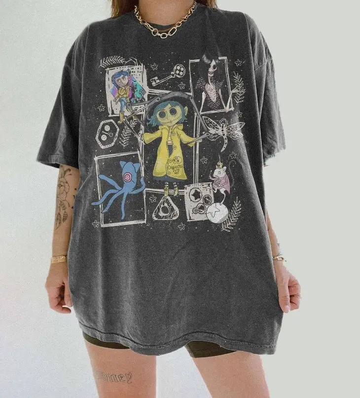 Coraline Shirt, Coraline Movie Graphic Tee, Dark Fantasy Book Lover Shirt, Coraline Stamps Artwork, Coraline Fan Gift for Teens & Adults