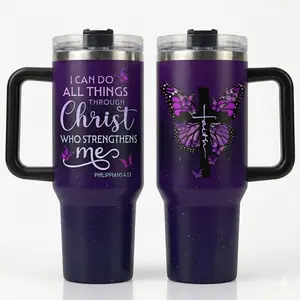 Philippians 4:13 Bible Verse 40oz Tumbler with Handle |   "I Can Do All Things Through Christ" Purple Butterfly Cross Cup, Christian Faith Mother's Day Gift for Women Mom, Inspirational Religious Insulated Travel Mug Water Bottle