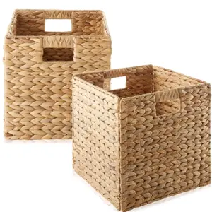 Set of 2 Hyacinth Storage Cubes, 12x12 Wicker Basket Bins for Shelves, Natural