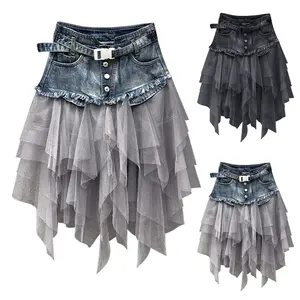 Women Punk Denim Jeans Tulle Patchwork Lace Skirt High Waist A-Line Asymmetric Frill Tulle Pleated Midi Gothic Chic Y2k Skirts Black Womenswear Bottom Comfort