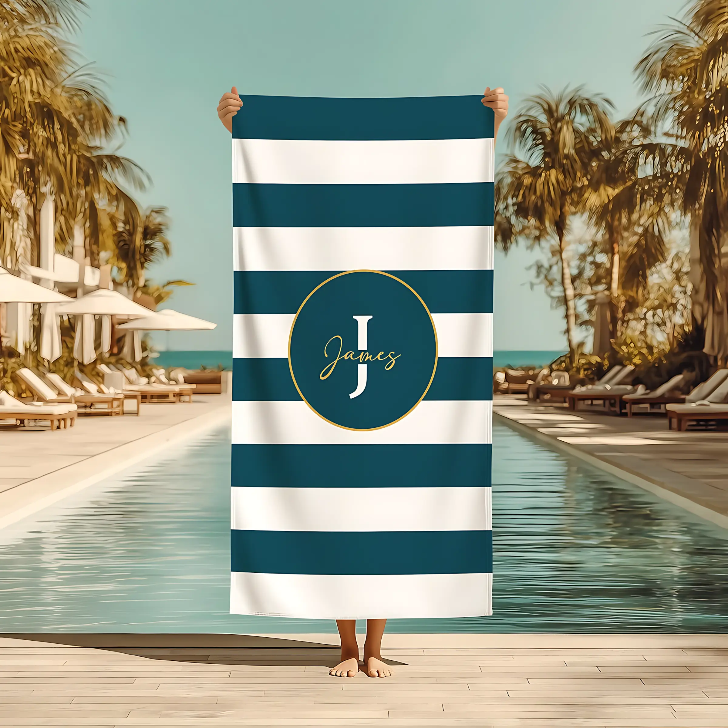 Teal and White Striped Monogrammed Sports Beach Towel - Shower, Girls Trip, Swimming Pool Vacation Gift