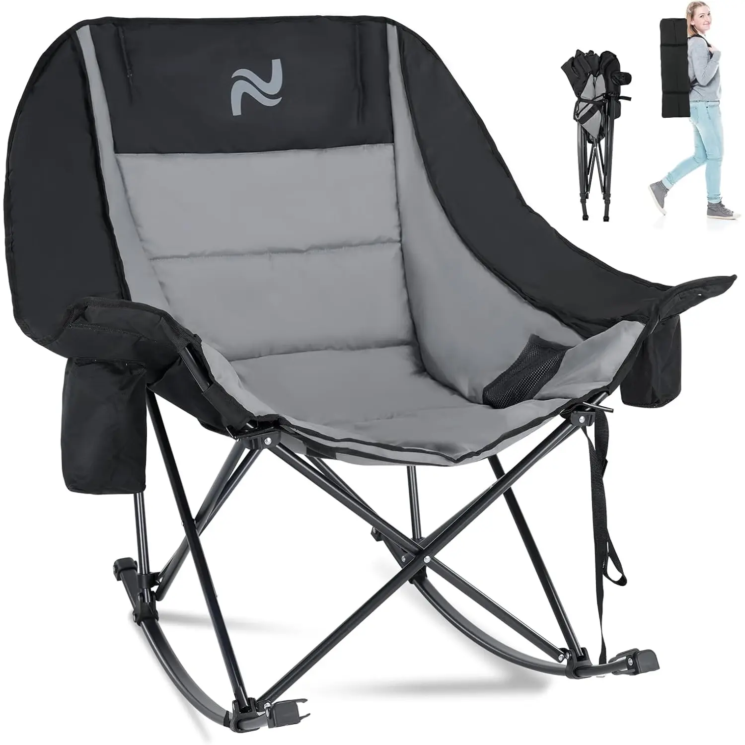 ABORON Rocking Camping Chair,XXL Oversized Folding Fully Padded Outdoor Lawn Chair with Side Pocket,Portable Recliner for Patio, Backyard, Supports 400 lbs
