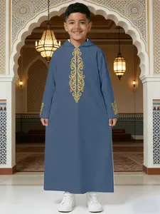 Luxury Royal Style Golden Embroidery Hooded Kids' Robe, Comfortable Loose Navy Blue Children's Traditional Costume for Performance