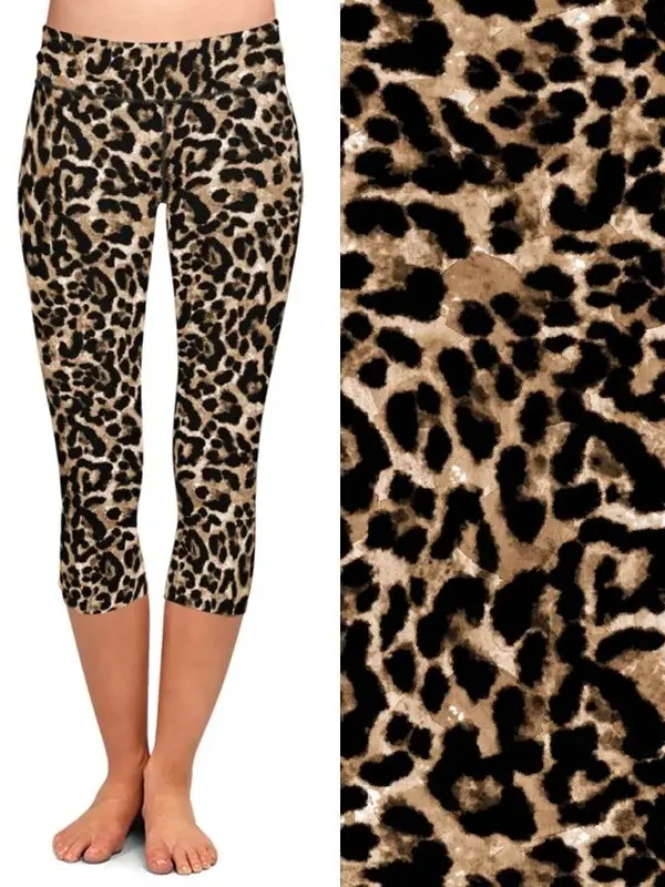 Brown Leopard Print Printed Capri Leggings, Buttery Soft Fabric, Recycled Material, Super Soft and Stretchy