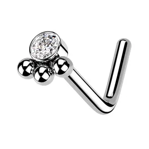 Triple Beaded Clear CZ L Bend Nose Stud