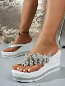 Summer New Fashion Sparkling Rhinestone Bow Wedge Thick Sole Slip-On Sandals for Women, Stylish Open Toe Platform Shoes, Comfortable and Trendy